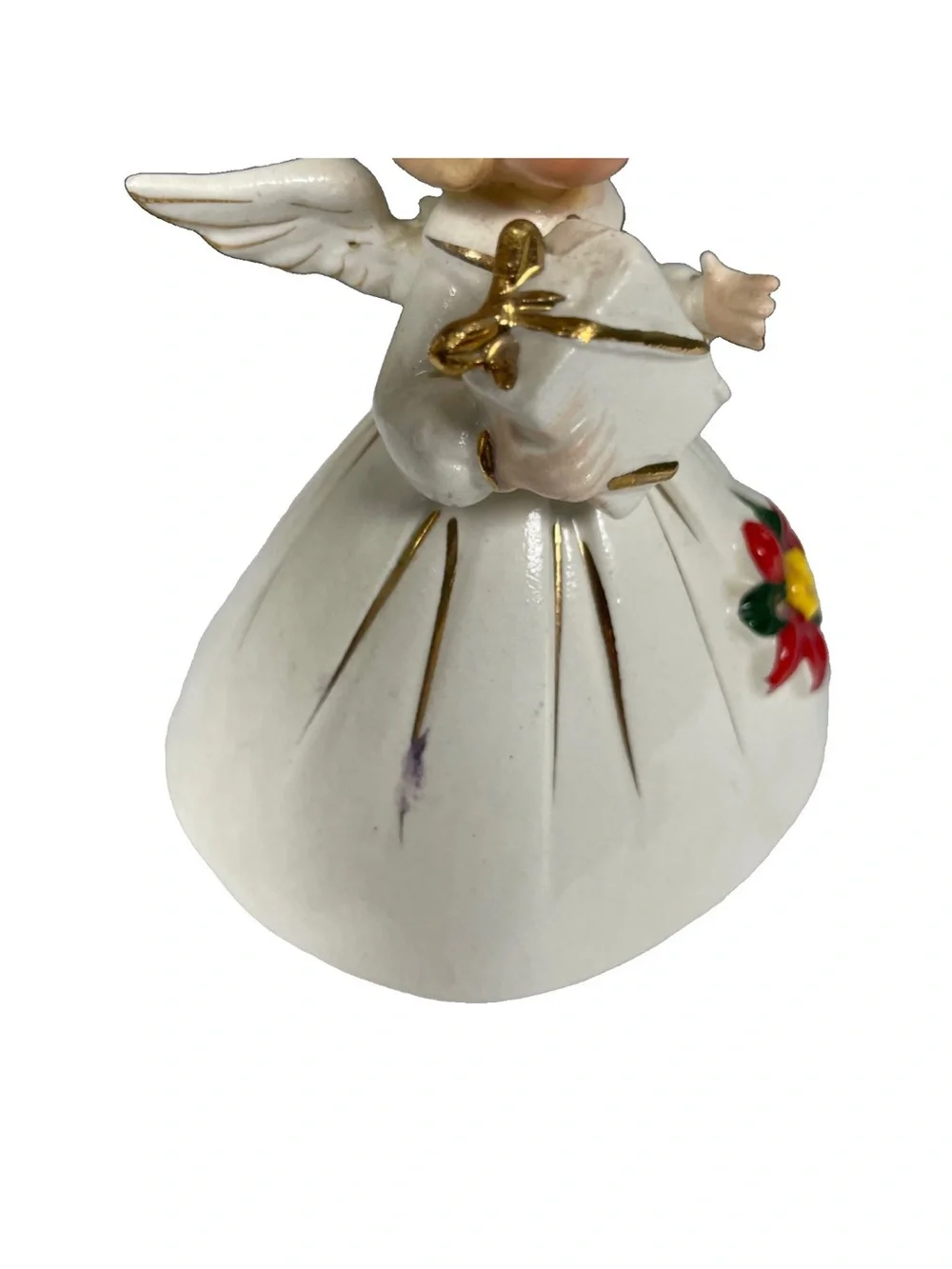 Vintage Josef Originals Poinsettia Christmas Angel Figure White Gold Ceramic